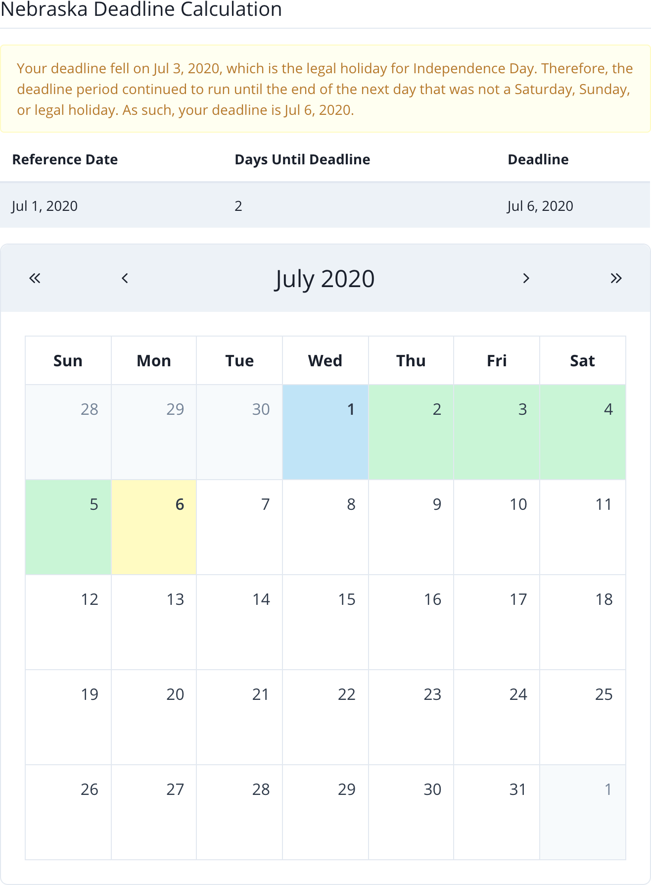 Nebraska Deadline Calculator calculation