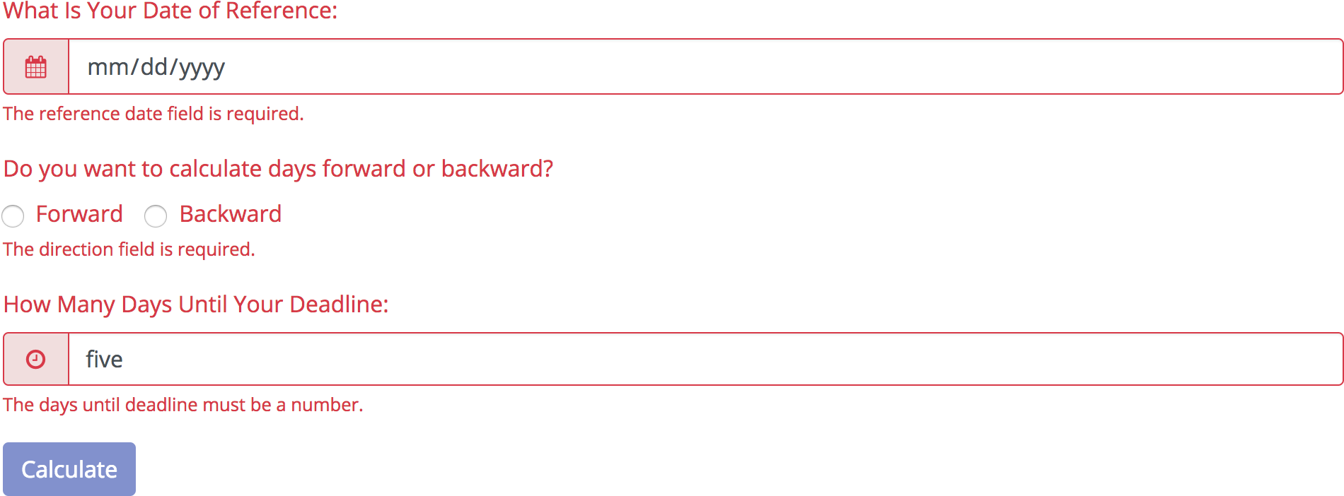 United States Deadline Calculator validation errors