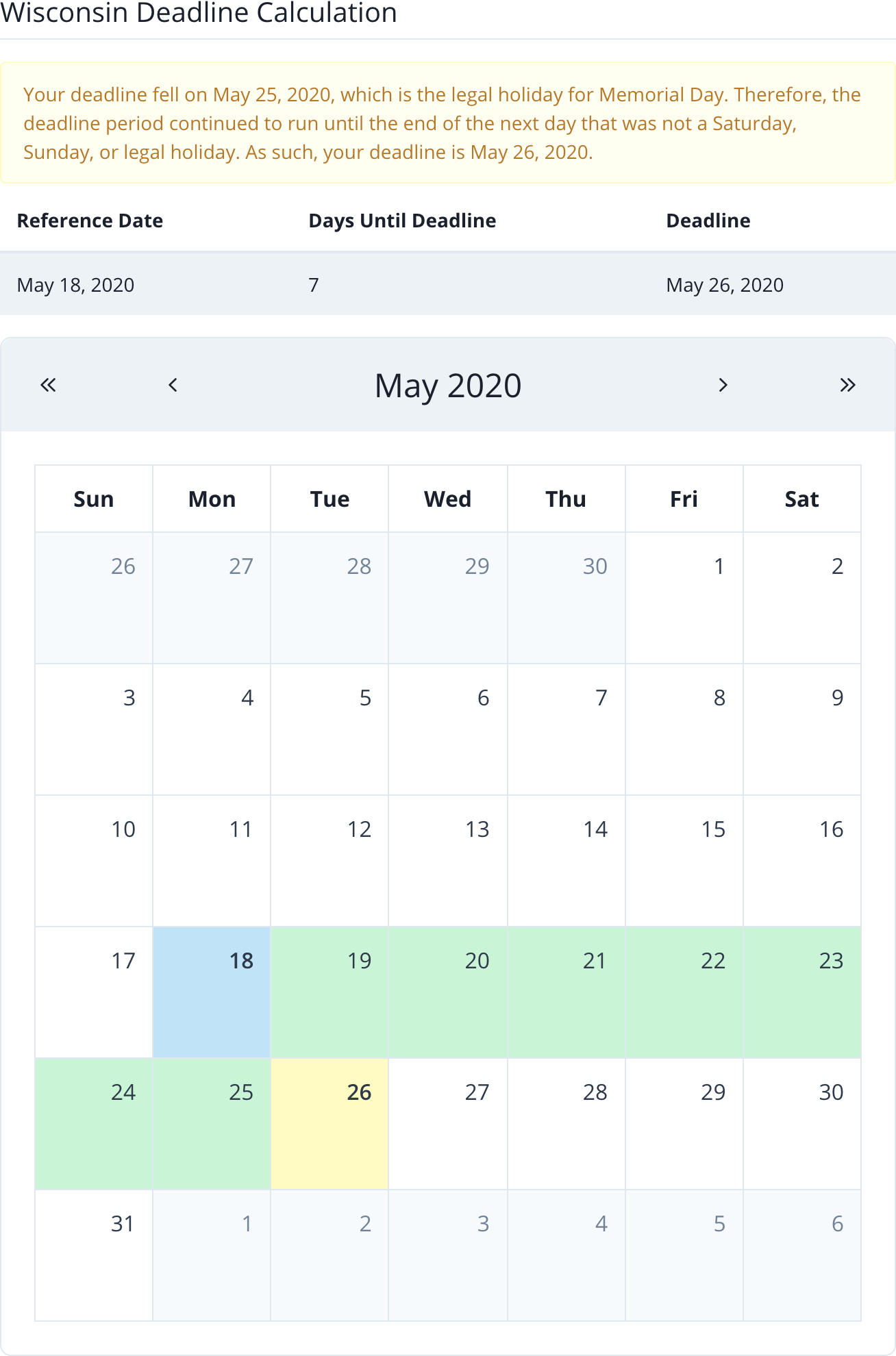 Wisconsin Deadline Calculator calculation