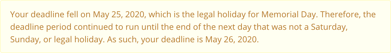 Wisconsin Deadline Calculator legal holiday alert