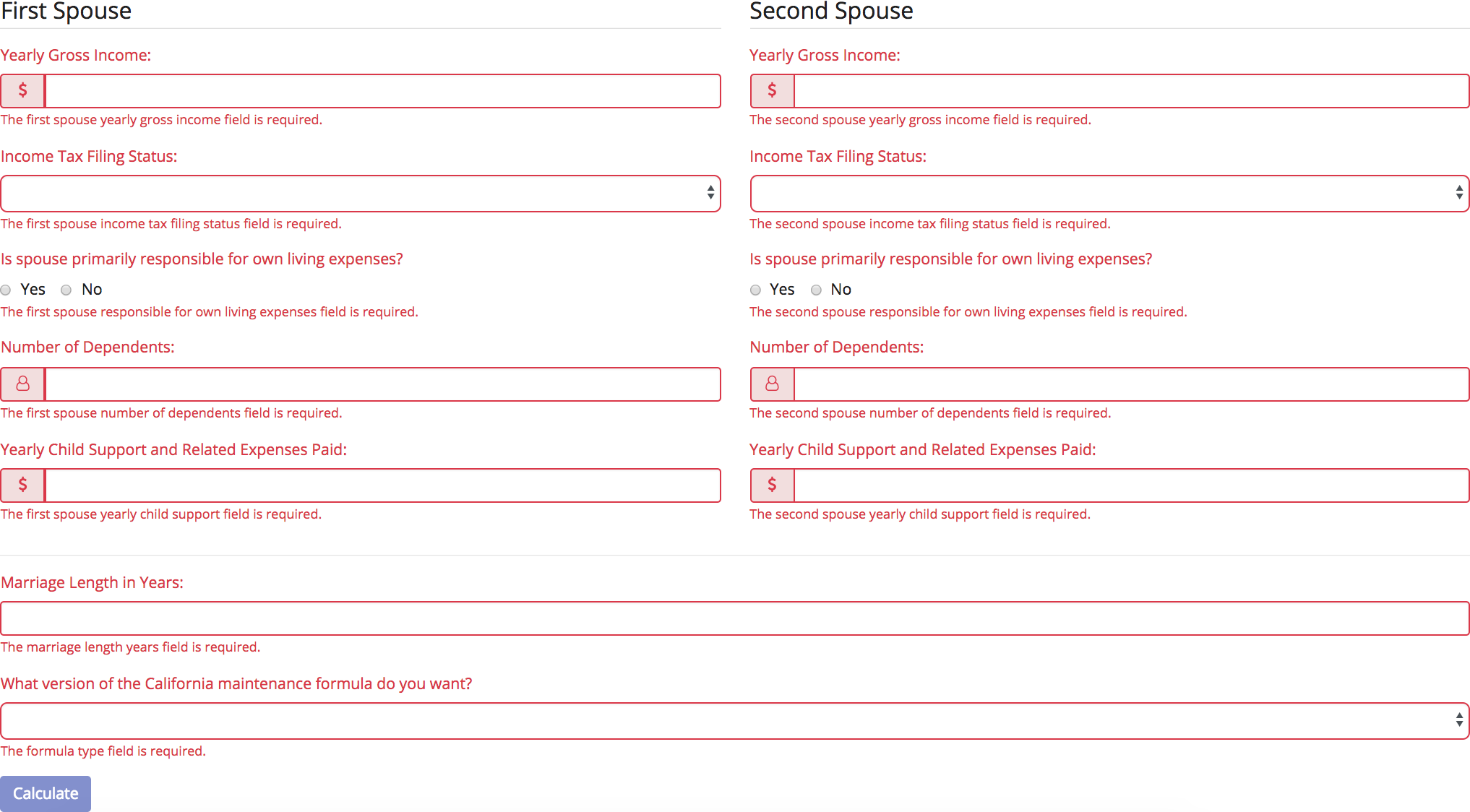 California Maintenance Calculator validation errors