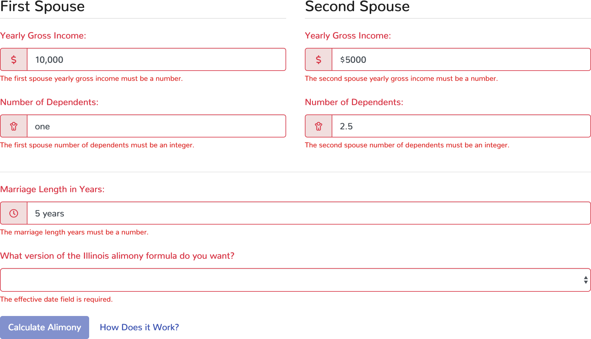 Illinois Maintenance Calculator validation errors