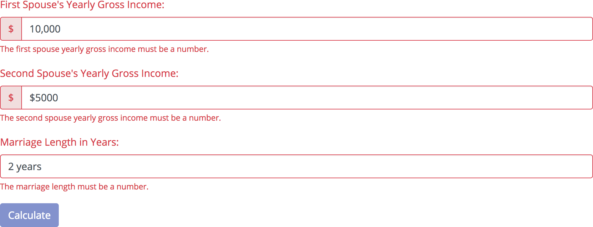 Kansas Maintenance Calculator validation errors