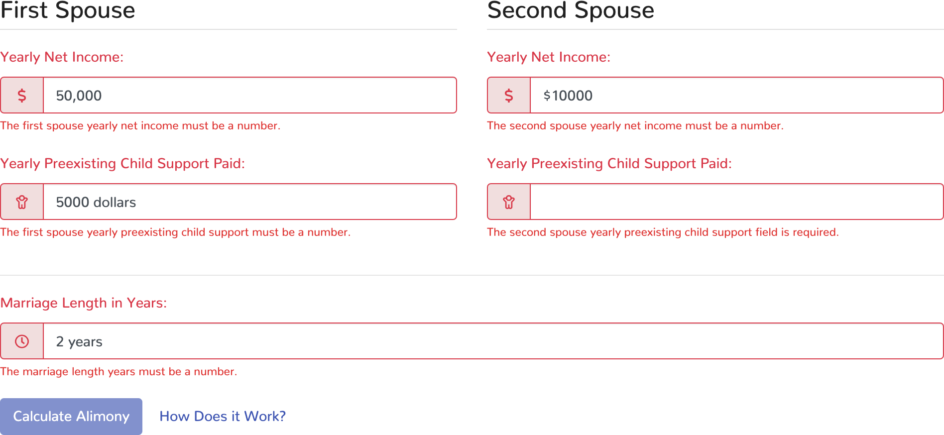 Kentucky Maintenance Calculator validation errors